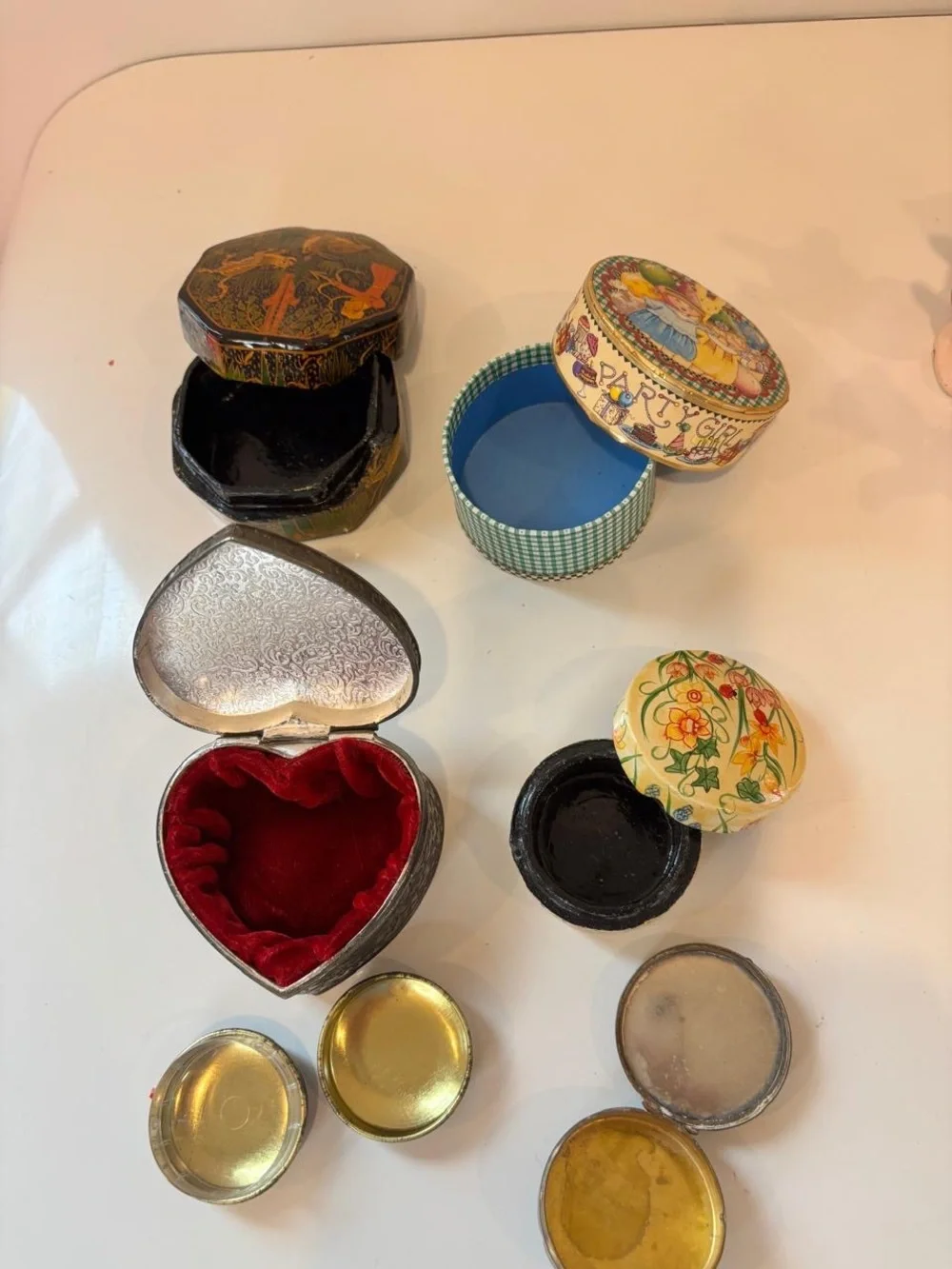 Vintage Box Lot- Kashmiri Papier Mache, Mary Engelbrecht, Heart Velvet, Floral